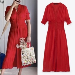 Zara Red Elastic Waist Midi Dress